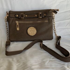 Elegant Taupe Crossbody Bag with Gold Accents